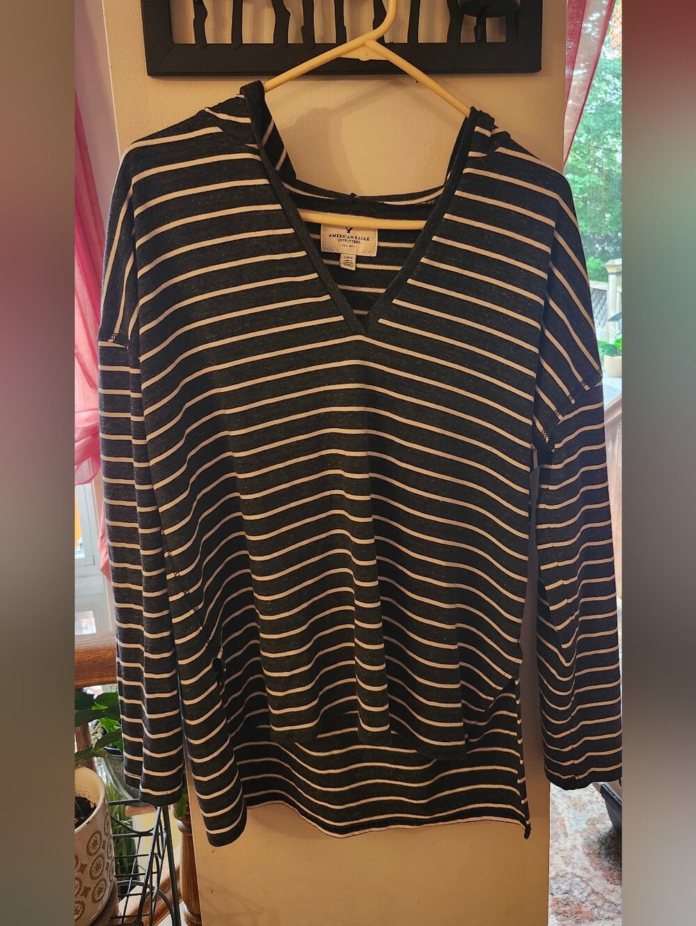 American Eagle Outfitters Grey and White Striped V-Neck Hoodie Sweater
